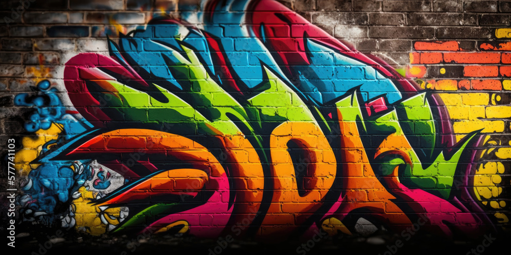 Colorful graffiti on a brick wall - Generative AI