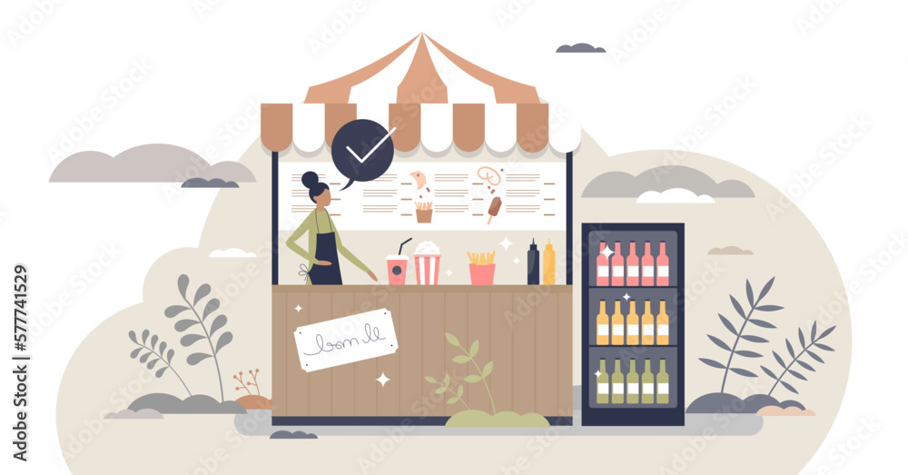 Concession stand with fast food, snacks and drinks store tiny person concept, transparent background. Retail tent with beverage and outdoor eating service illustration.