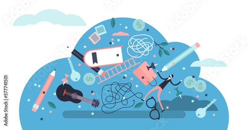 Chaos illustration, transparent background. Flat tiny lack of order system persons concept. Abstract random everyday things in entanglement or confusion.