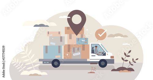 Courier services with package distribution and delivery tiny person concept, transparent background. Cargo logistics company with shipment export or import illustration.