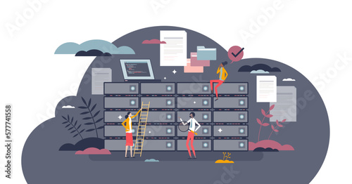 Data warehouse center with database storage systems tiny person concept, transparent background. Information servers for cloud uploads and large file quantity illustration. Room with HDD.