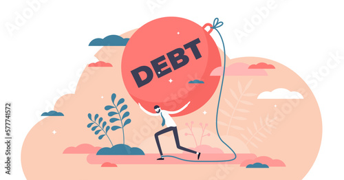 Debt credit crisis as heavy money payment pressure flat tiny person concept, transparent background. Economical problem with bank loan bills and business struggle.