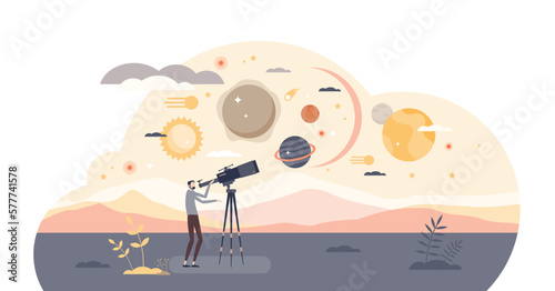 Discovery or universe exploration with star observation tiny person concept, transparent background. Look to planets and space to find new orbits, meteors or asteroids illustration.