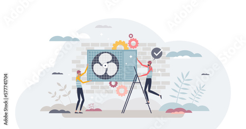 HVAC technicians as heating or conditioning service job tiny person concept, transparent background. Ventilating fan filter change for clean air or fix technical problem illustration.