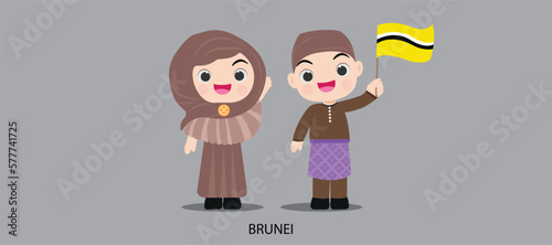 national dress with a flag. Man and woman in traditional costume. Travel to Brunei. People. Vector flat illustration.