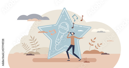 Karaoke singing for audience as amateur singer hobby tiny person concept, transparent background. Voice performance in bar as entertainment night for musicians illustration. Chance to try to perform.