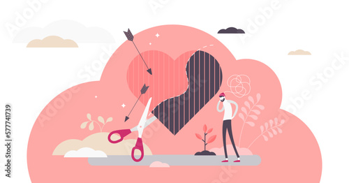 Loss illustration, transparent background. Broken relationship in flat tiny persons concept. Symbolic pain, sadness and fractured heart sign as marriage emotional crisis and problems.