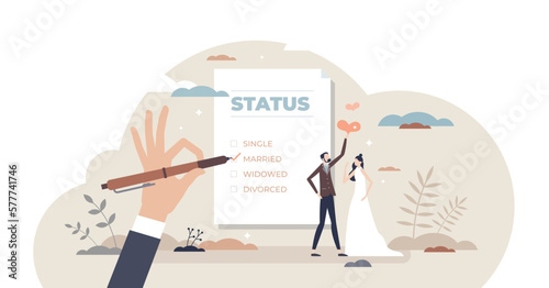 Marital status change with couple relationship type tiny person concept, transparent background. Checkbox list with single, married, widowed and divorced options for couple illustration.