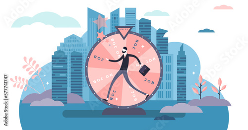 Lottery wheel job market creative concept, flat tiny person illustration, transparent background. Unemployment issue and company workforce crisis. Candidate limited opportunity for hiring.