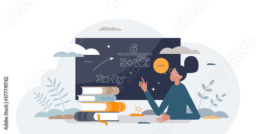 Math tutor as mathematics teacher for count learning tiny person concept, transparent background. Student knowledge development with equation training and academic guidance illustration.