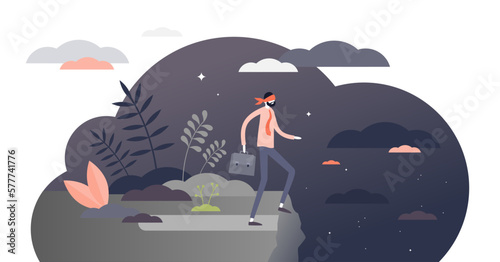 Mistakes in business as unknown future possibility in flat tiny persons concept, transparent background. Wrong decisions and fail in work. Job failure metaphor as blind leader in front of the gorge.