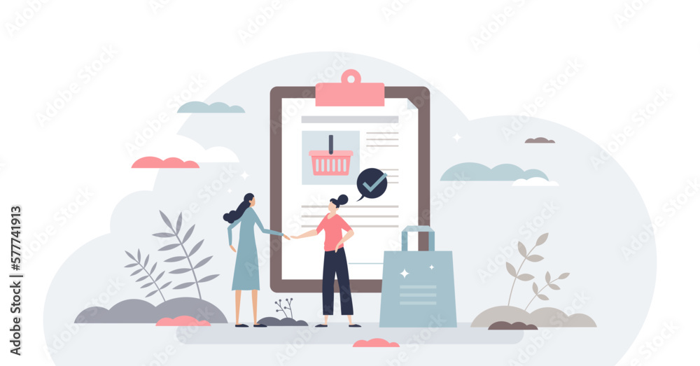 Sales representative as customer support manager job tiny person concept, transparent background. Professional assistant for retail shopping purchases illustration.