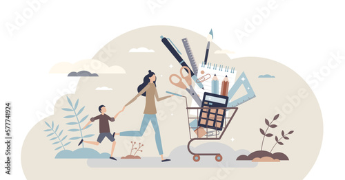 School supplies and stationary equipment for learning tiny person concept, transparent background. Shop sale with education tools illustration. Full cart with pencils, pens.