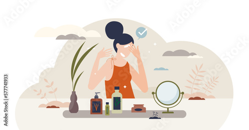 Leinwand Poster Self care as doing skincare routines with facial creams tiny person concept, transparent background