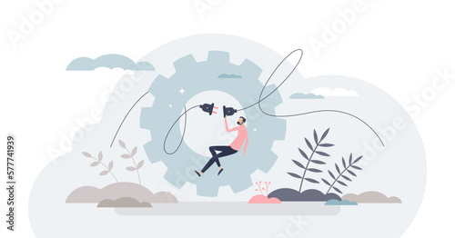 System integration as database connection and merge tiny person concept, transparent background. Process of joining business subsystem information together.