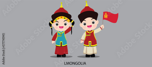 national dress with a flag. Man and woman in traditional costume. Travel to Mongolia. People. Vector flat illustration.