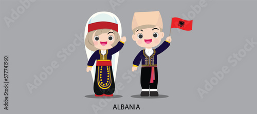 national dress with a flag. Man and woman in traditional costume. Travel to Albania. People. Vector flat illustration.