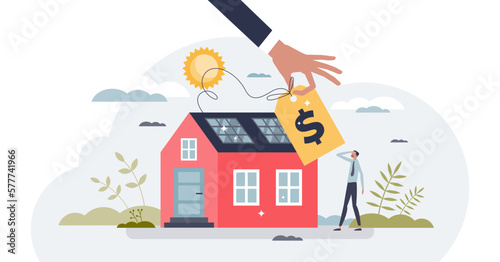 Solar panel cost or expensive alternative energy project tiny person concept, transparent background.Money saving with renewable power installation investment illustration.