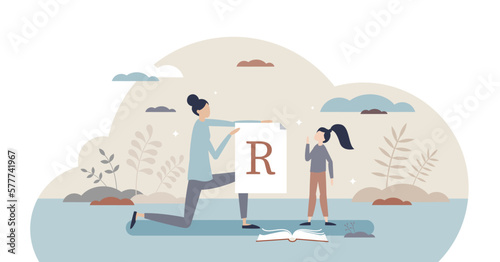 Speech therapist lesson for letter pronunciation problems tiny person concept  transparent background. Child communication therapy in private exercise illustration. Preschool practicing and help.