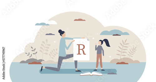 Speech therapist lesson for letter pronunciation problems tiny person concept, transparent background. Child communication therapy in private exercise illustration. Preschool practicing and help.