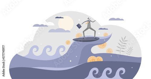 Success wave surf in business peak with ongoing money profit tiny person concept, transparent background.