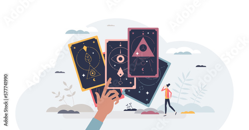 Tarot cards for future prediction and spiritual process tiny person concept, transparent background. Magic astrology elements for destiny seeing and love, health or wellness forecasting illustration.