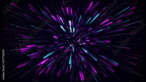 Abstract, amazing, beautiful and neon lines move endlessly toward the viewer. An explosion of colorful and monochromatic neon parts and their movement toward the camera. Lots of lines flying forward