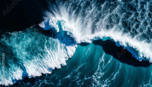 This stunning aerial footage captures the breathtaking beauty of big waves of the ocean as seen from a drone shot from above, showcasing the power and energy of the majestic sea. Generative AI