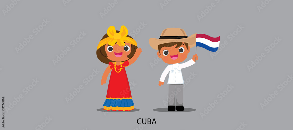 Naklejka premium national dress with a flag. Man and woman in traditional costume. Travel to Cuba. People. Vector flat illustration.