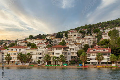 View of the mountains of Kinaliada island from Marmara Sea, with traditional summer houses and boats, Istanbul, Turkey © Khaled El-Adawi