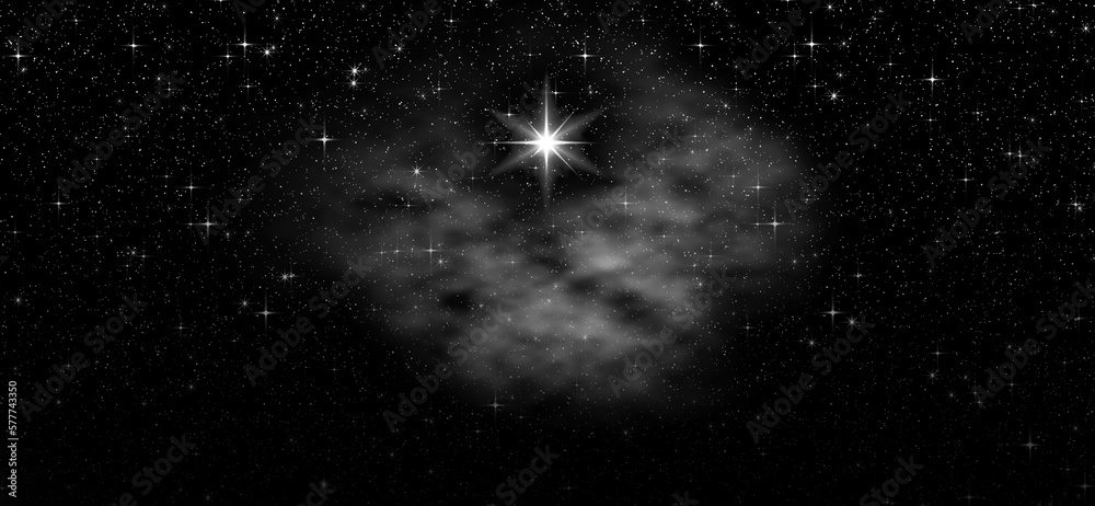 Starry sky and nebula. Bright star or star of Bethlehem. Nativity