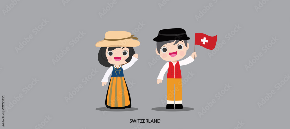 national dress with a flag. Man and woman in traditional costume. Travel to Switzerland. People. Vector flat illustration.