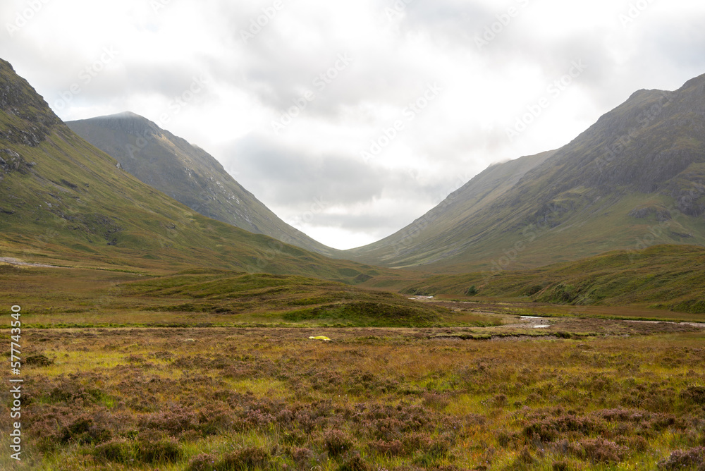 glencoe landscape with sky and clouds in the highlands, scotland