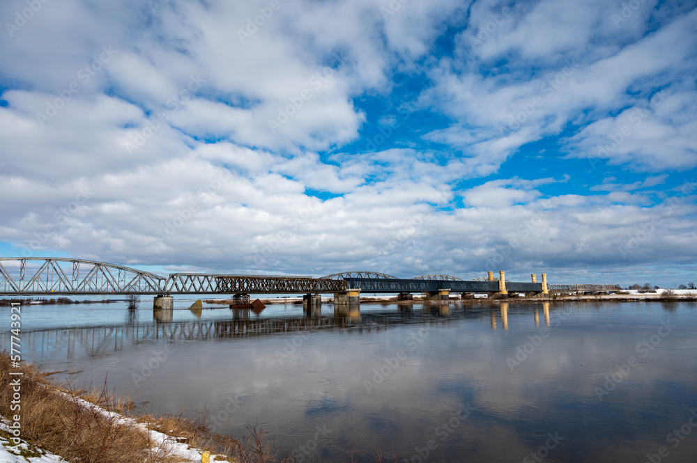 Tczew, historical bridge on Wisla river in Pomeranian Voivodeship, Poland at winter
