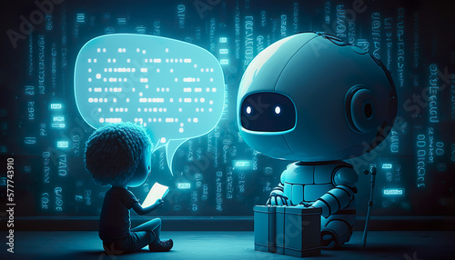 Children talking with robotic ai,chat bot.futuristic technology or machine learning data development concepts.ai generated technology