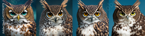 Detailed portrait of Great Horned Owl, photo series. generative AI