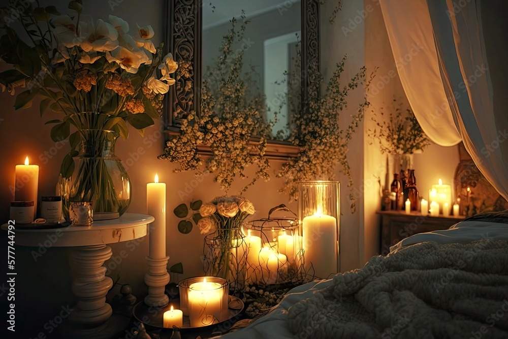 romantic setting with flowers and light in bedroom with candles bathroom  with candles, created with generative ai Stock Illustration | Adobe Stock