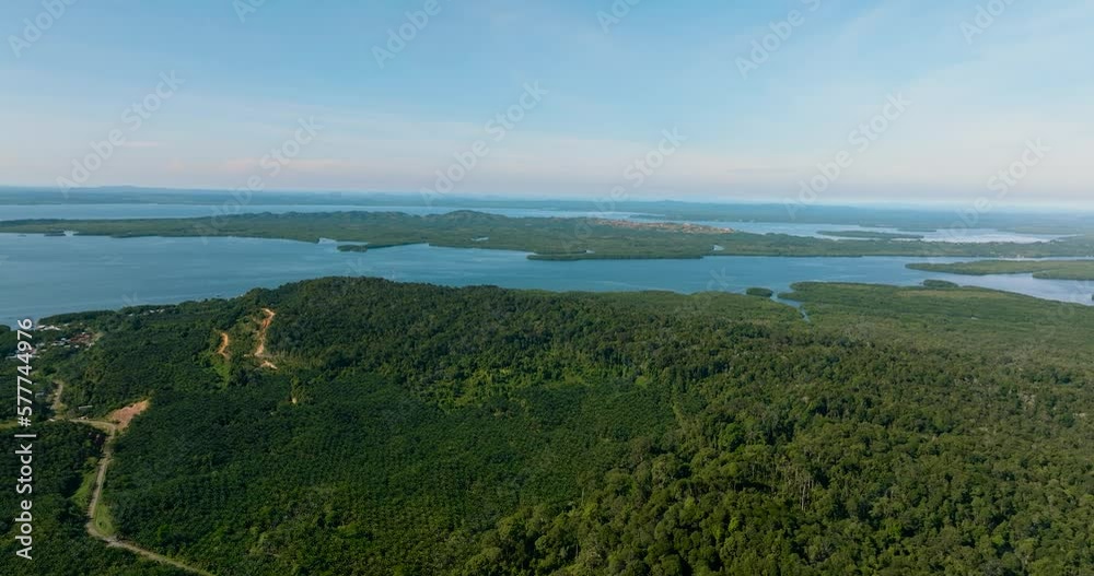 Aerial view of from the sea on the coast of the island of Borneo with tropical vegetation. Sabah, Malaysia. Aerial view of from the sea on the coast of the island of Borneo with tropical vegetation. Sabah, Malaysia.