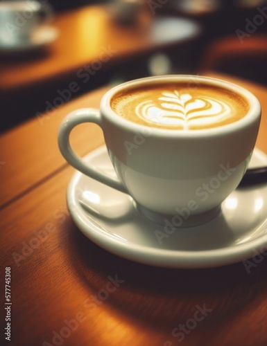 White cup of hot coffee on table in cafe, vintage and retro color effect - shallow depth of field