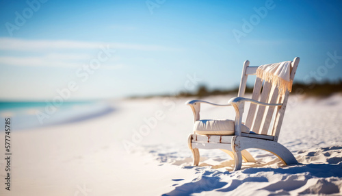 Enjoy the perfect summer day with a comfortable beach chair on a white sandy beach with a breathtaking view of the blue ocean.  -- Perfect Holyday destination for summer Generative AI. 