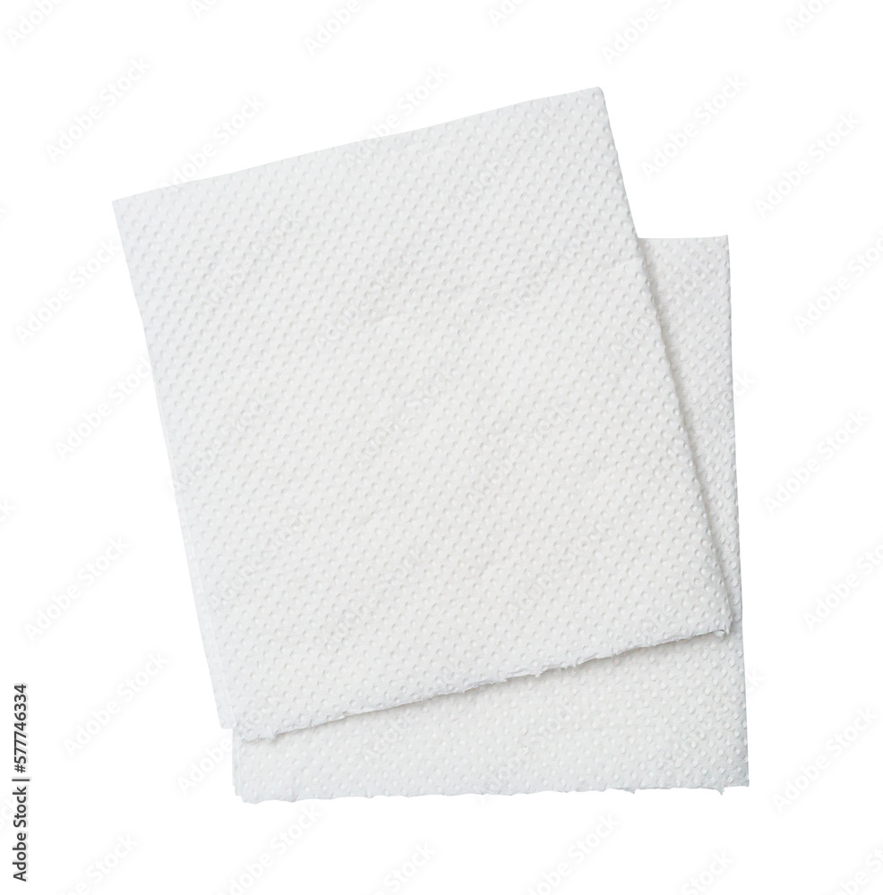 Two folded pieces of white tissue paper or napkin in stack tidily prepared for use in toilet or restroom isolated on white background with clipping path in png file format