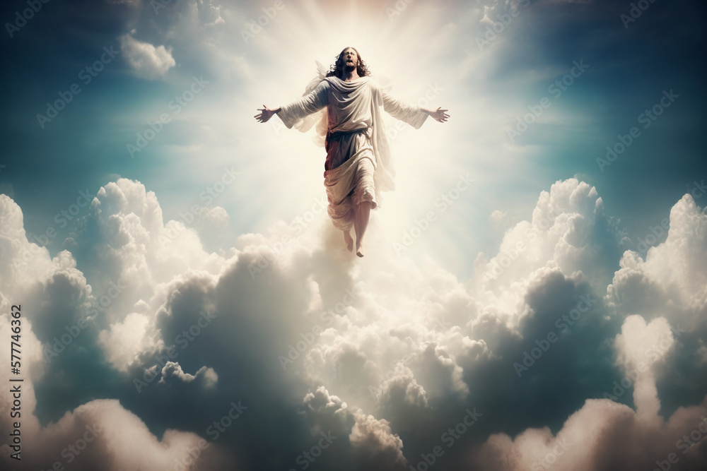 The resurrected Jesus Christ ascending to heaven above Generative AI ...