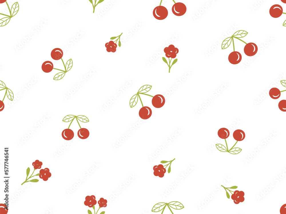 Seamless pattern with cherry fruit with green leaves and red flower on white background vector illustration. Cute fruit print. Seamless pattern with cherry fruit with green leaves and red flower on white background vector illustration. Cute fruit print.