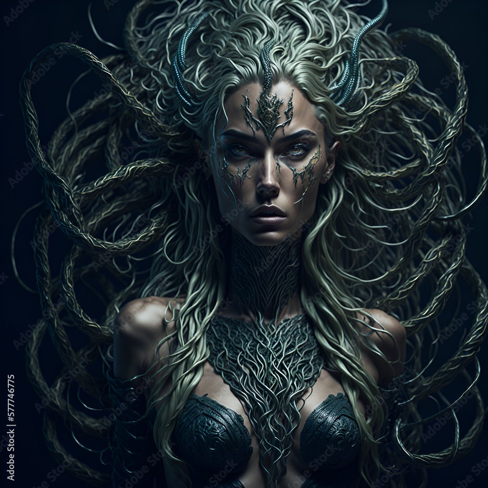 Medusa. Grecian mythological female Gorgon with snakes. Generative Artificial Intelligence.