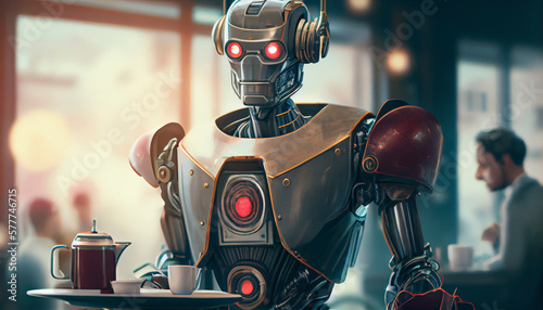 robot waiter serves customers in a city cafe, generated by ai