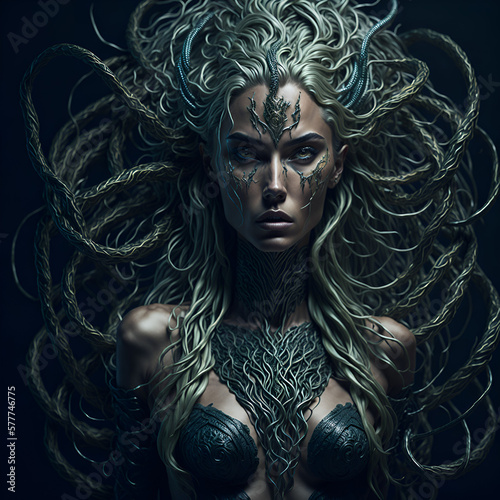 Medusa. Grecian mythological female Gorgon with snakes. Generative Artificial Intelligence.