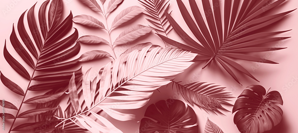Banner of tropical leaves on pink rose tones. Minimal and creative background with copy space. Generative AI. Banner of tropical leaves on pink rose tones. Minimal and creative background with copy space. Generative AI.