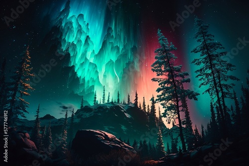 Winter forest at at night under the northern lights. Generative AI
