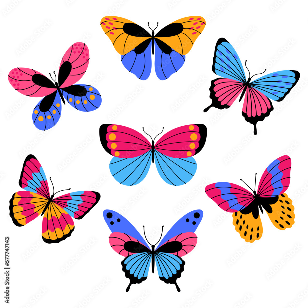 Collection of exotic butterflies. Set of tropical flying insects with colorful wings isolated on white background.