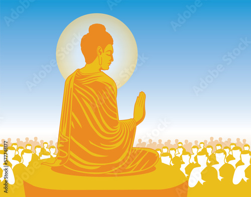 beautiful Vector of Lord of Buddha Enlightenment mediating sitting with crowd of monk on the rock for Makha, Visakha, Asarnha Bucha, Visak and buddhist lent day asian religion holiday retro style